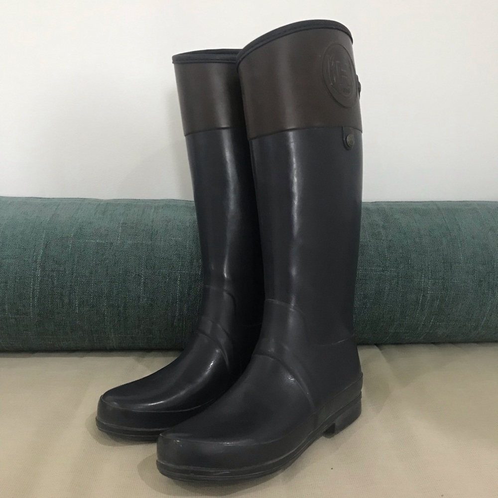 Hunter Regent Carlyle Equestrian Rain Boots Navy Blue & Chocolate Brown Size 7